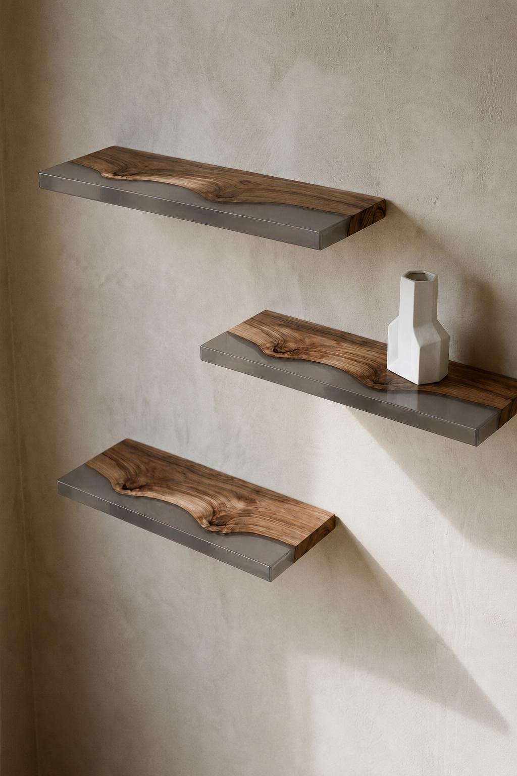 Walnut Wood Floating Shelf with Transparent Epoxy Resin, Handmade Live Edge Wall Shelf, Custom Color