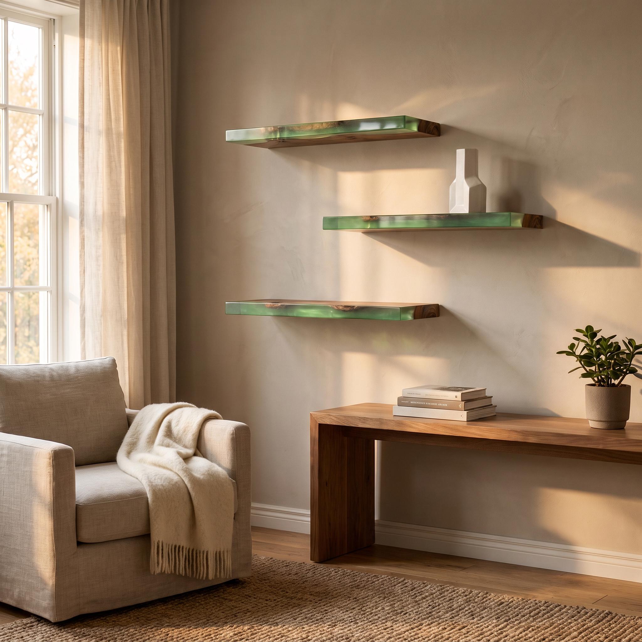 Walnut Wood Floating Shelf with Transparent Epoxy Resin, Handmade Live Edge Wall Shelf, Custom Color