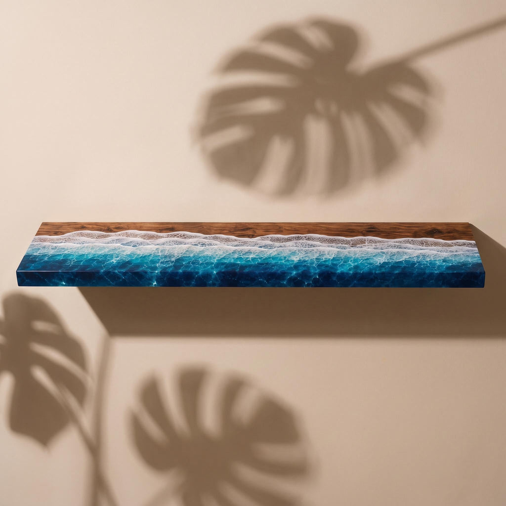 Ocean Epoxy Floating Shelf, Walnut Wood Wall Shelf, Coastal Bathroom Decor, Handmade Resin Shelf, Custom Size