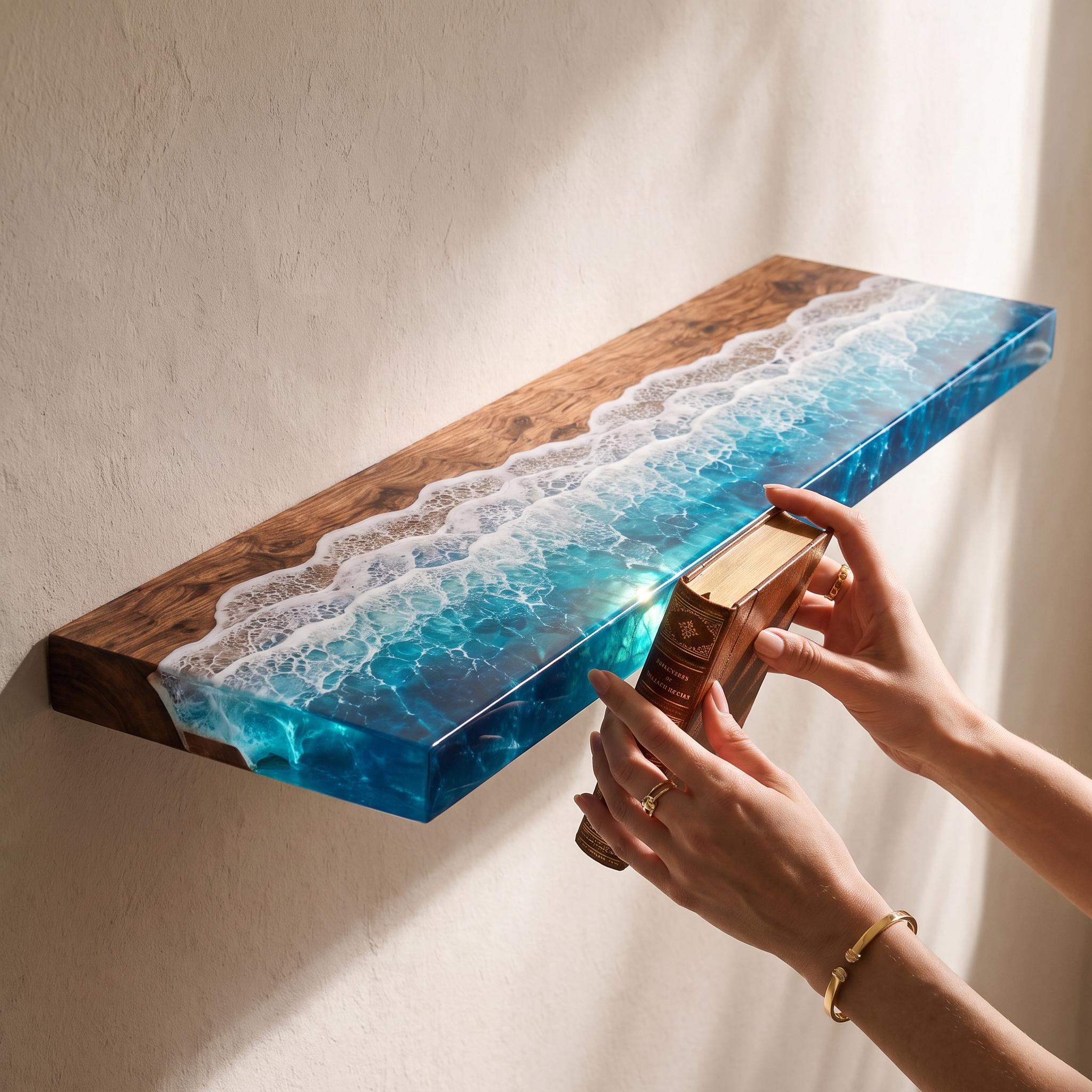 Ocean Epoxy Floating Shelf, Walnut Wood Wall Shelf, Coastal Bathroom Decor, Handmade Resin Shelf, Custom Size