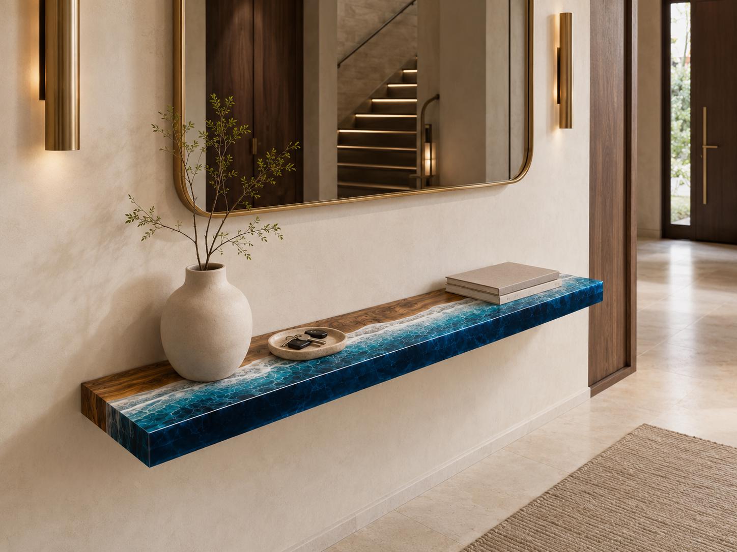 Ocean Epoxy Floating Shelf, Walnut Wood Wall Shelf, Coastal Bathroom Decor, Handmade Resin Shelf, Custom Size