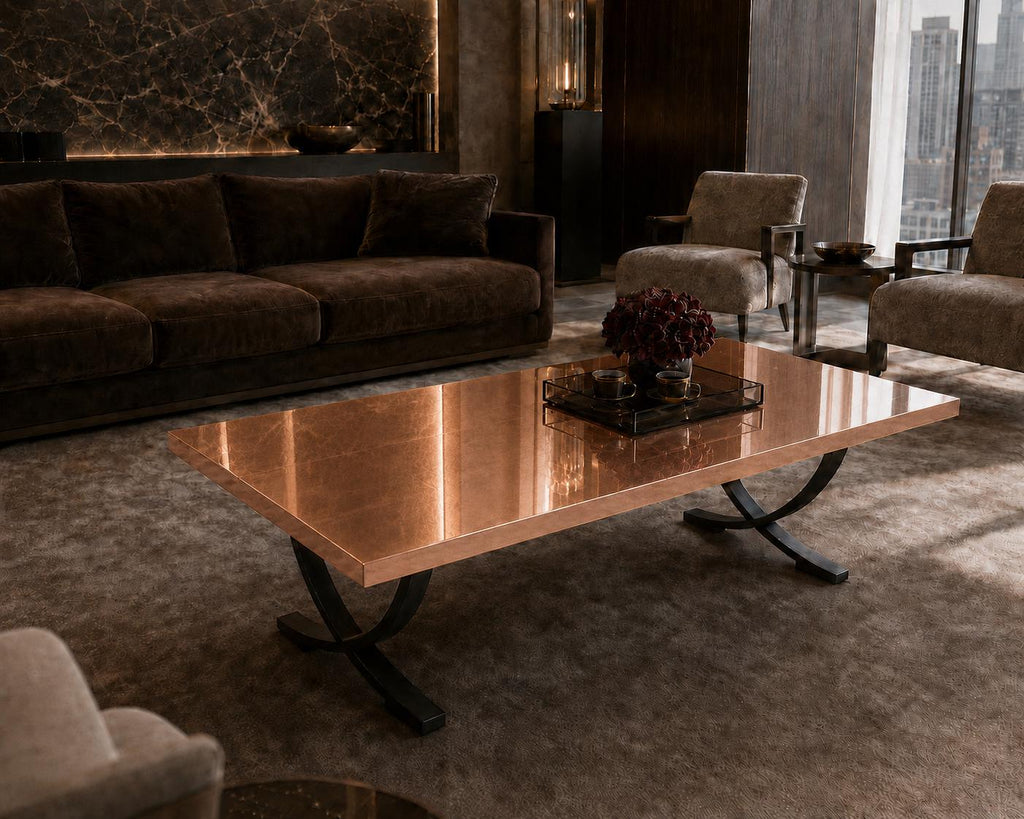 Tavolino da Caffè in Resina Epossidica con Foglie di Rame, Tavolino Centrale Personalizzato in Resina con Gambe in Metallo