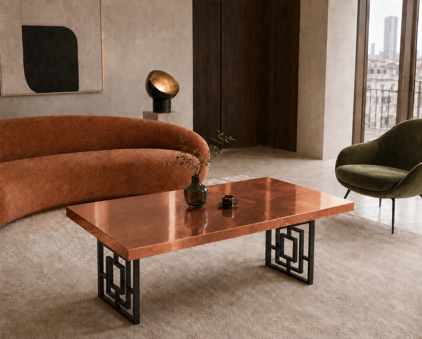 Tavolino da Caffè in Resina Epossidica con Foglie di Rame, Tavolino Centrale Personalizzato in Resina con Gambe in Metallo