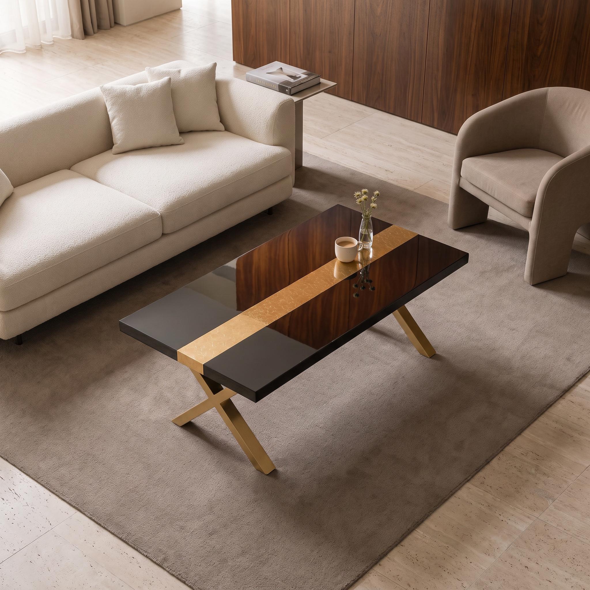 Black Epoxy Table with Genuine 24K Gold Leaf Stripe | Coffee or Dining Table