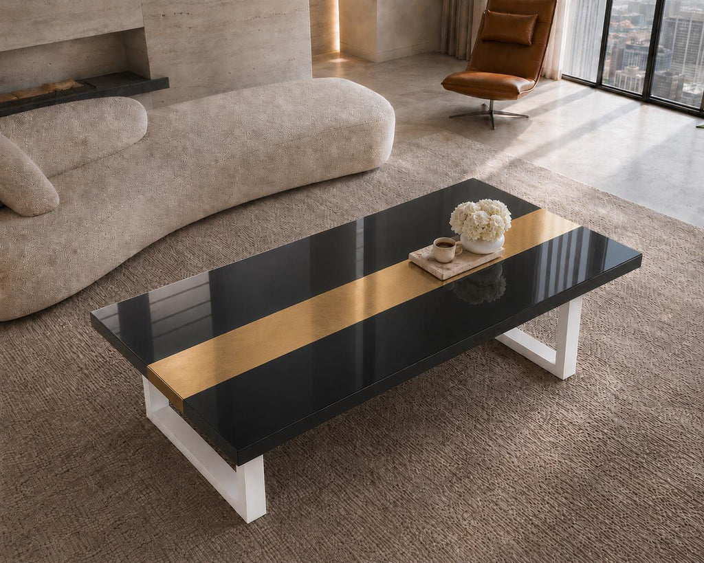 Black Epoxy Table with Genuine 24K Gold Leaf Stripe | Coffee or Dining Table