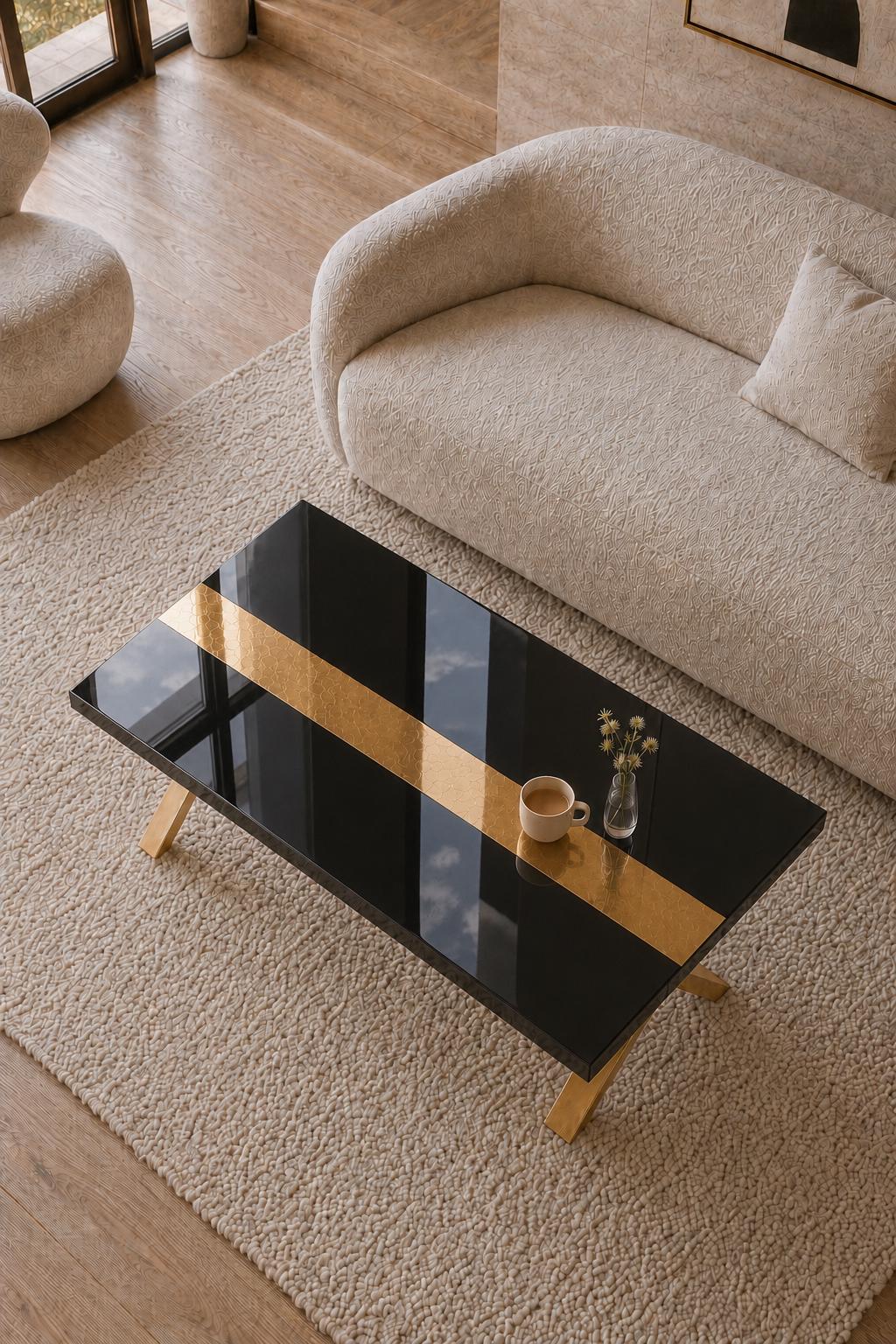 Black Epoxy Table with Genuine 24K Gold Leaf Stripe | Coffee or Dining Table