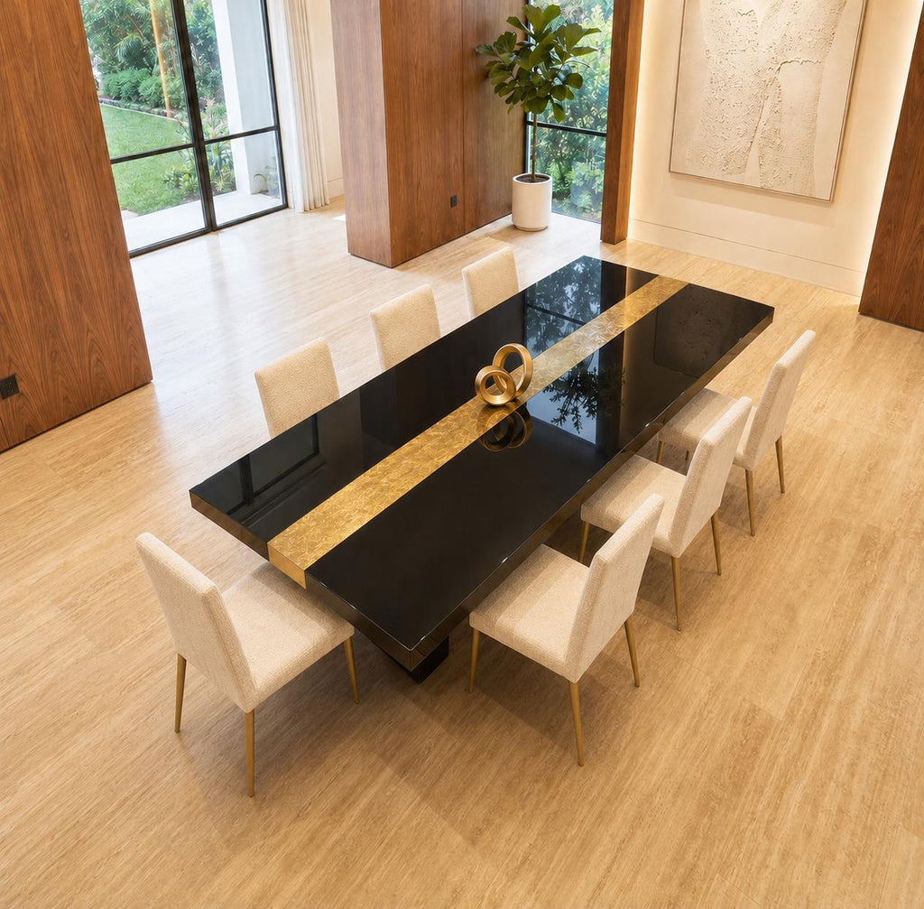 Black Epoxy Table with Genuine 24K Gold Leaf Stripe | Coffee or Dining Table