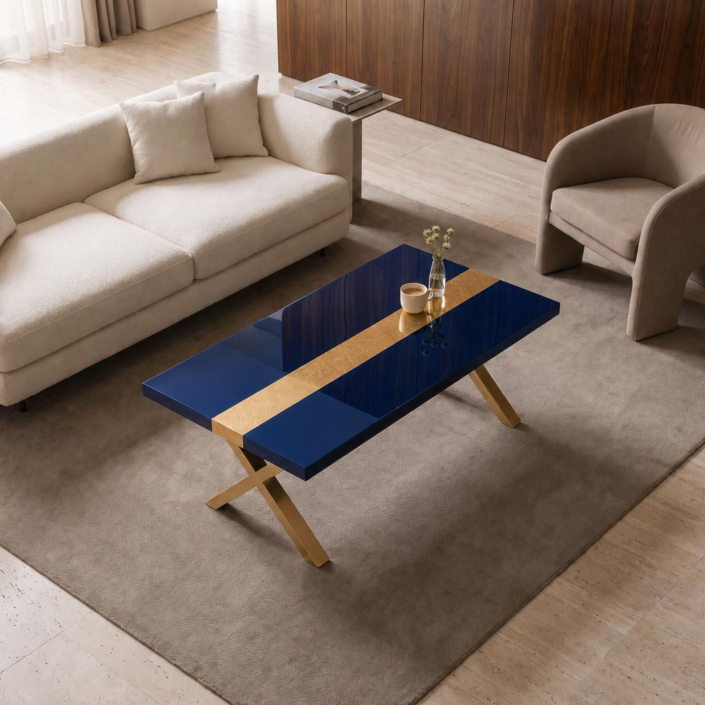 Blue Epoxy Table with Genuine 24K Gold Leaf Stripe | Coffee or Dining Table