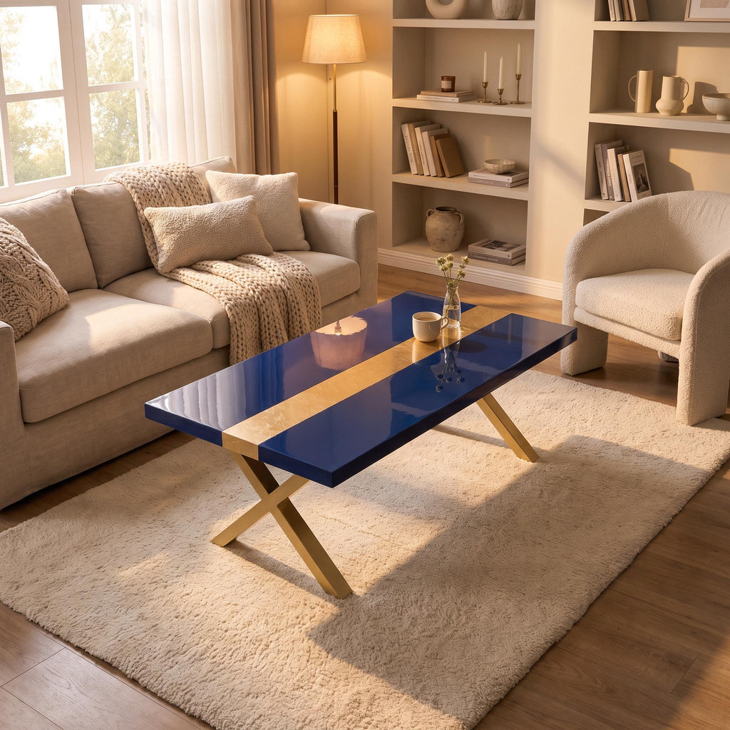 Blue Epoxy Table with Genuine 24K Gold Leaf Stripe | Coffee or Dining Table