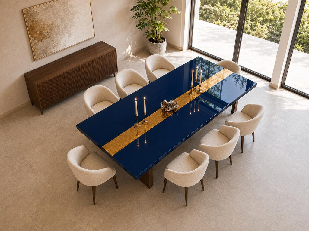 Blue Epoxy Table with Genuine 24K Gold Leaf Stripe | Coffee or Dining Table