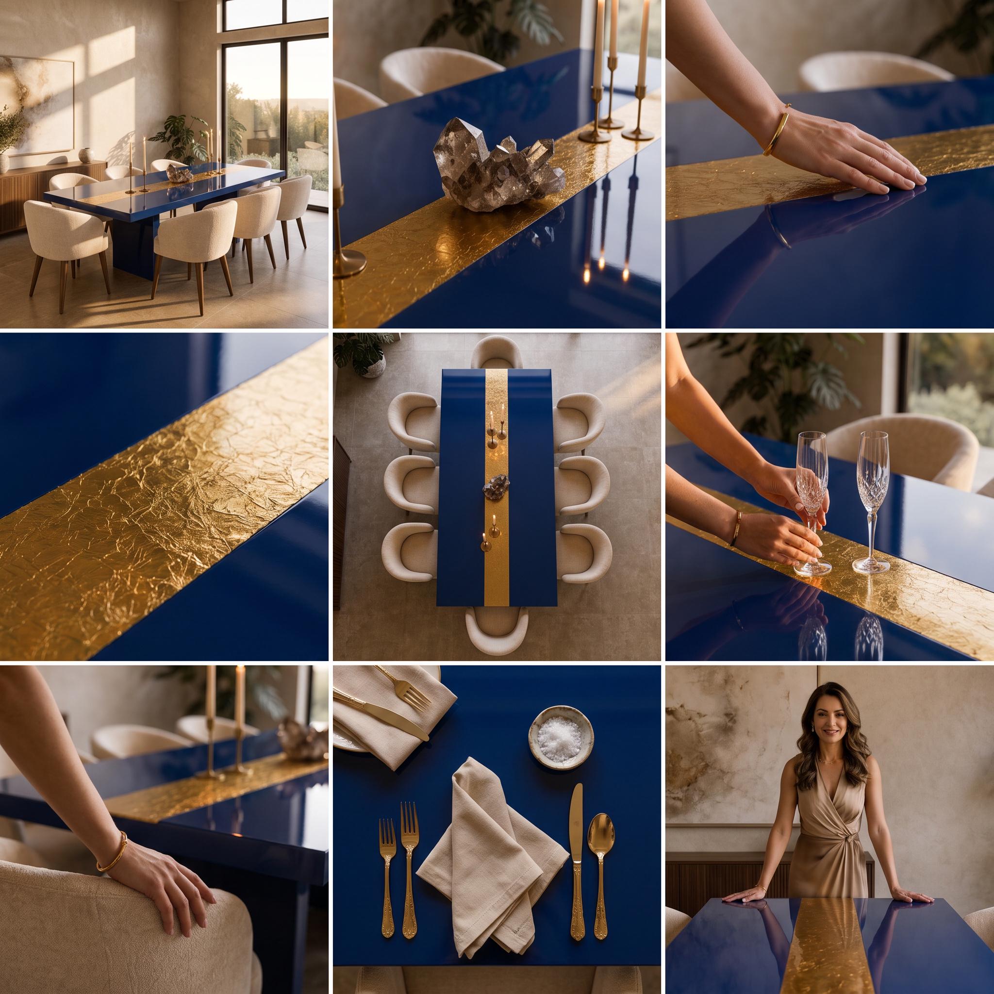 Blue Epoxy Table with Genuine 24K Gold Leaf Stripe | Coffee or Dining Table
