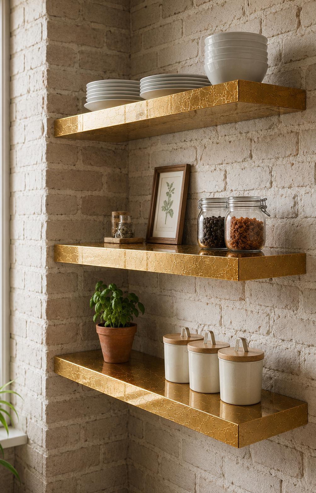 24 K Gold Leaf Epoxy Floating Shelf: Custom Mirror-Finish Wall Console
