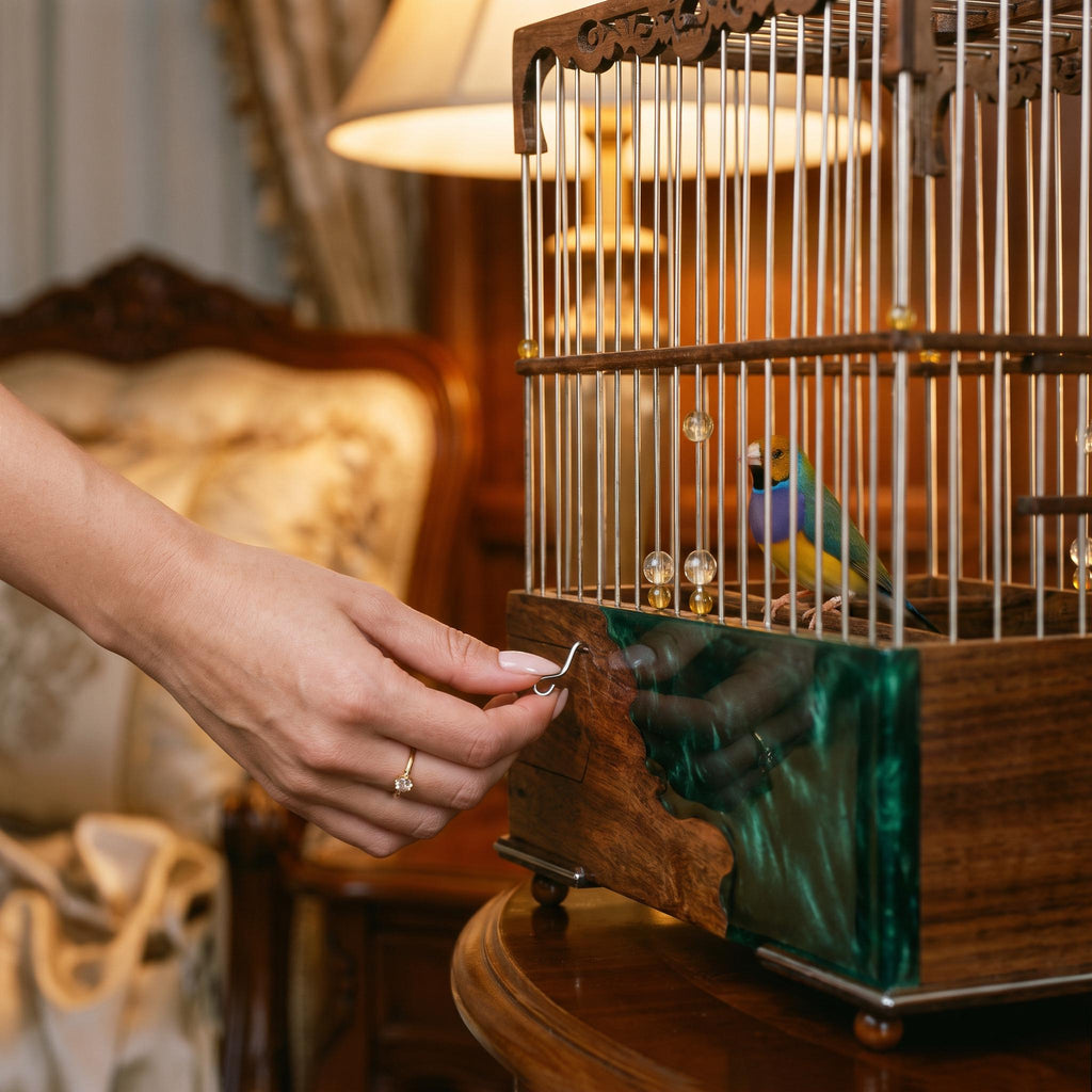 Luxury Walnut & Resin Bird Cage, Handmade Ornate Canary Cage, Custom Color Birdcage