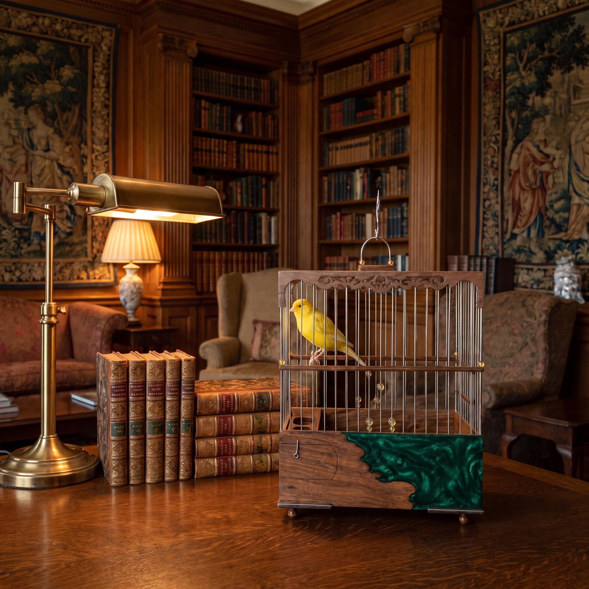 Luxury Walnut & Resin Bird Cage, Handmade Ornate Canary Cage, Custom Color Birdcage