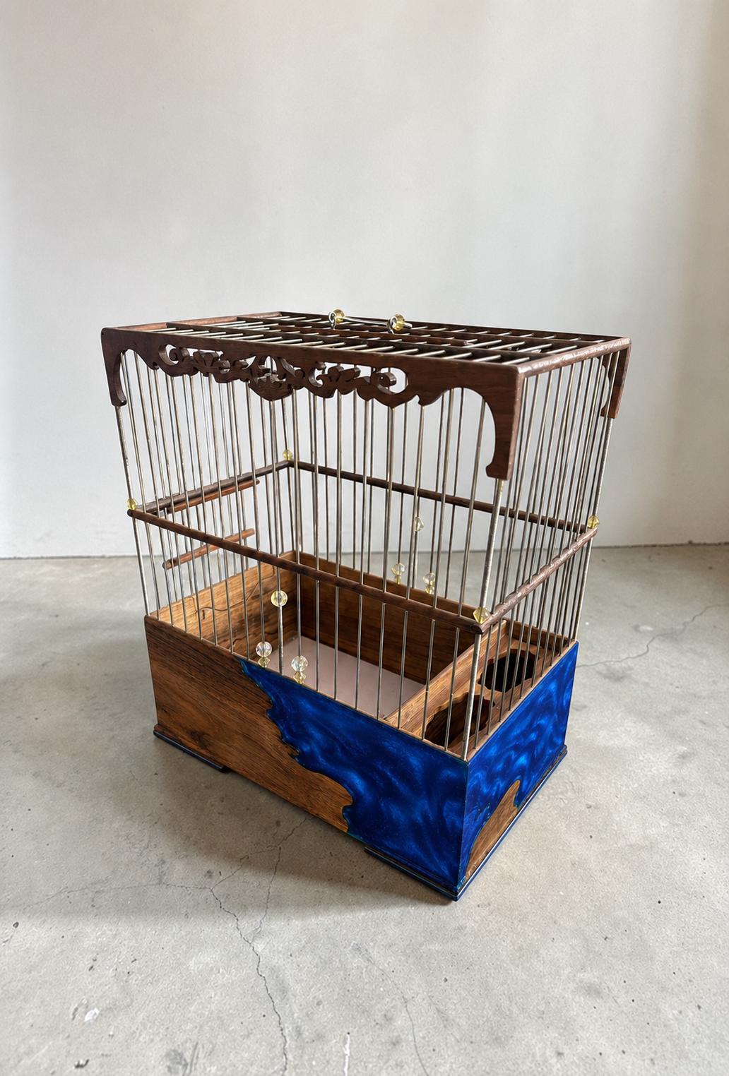 Luxury Walnut & Resin Bird Cage, Handmade Ornate Canary Cage, Custom Color Birdcage