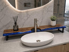 Walnut Epoxy Over Sink Shelf, Custom Faucet Cutout Bathroom Countertop Riser with Legs