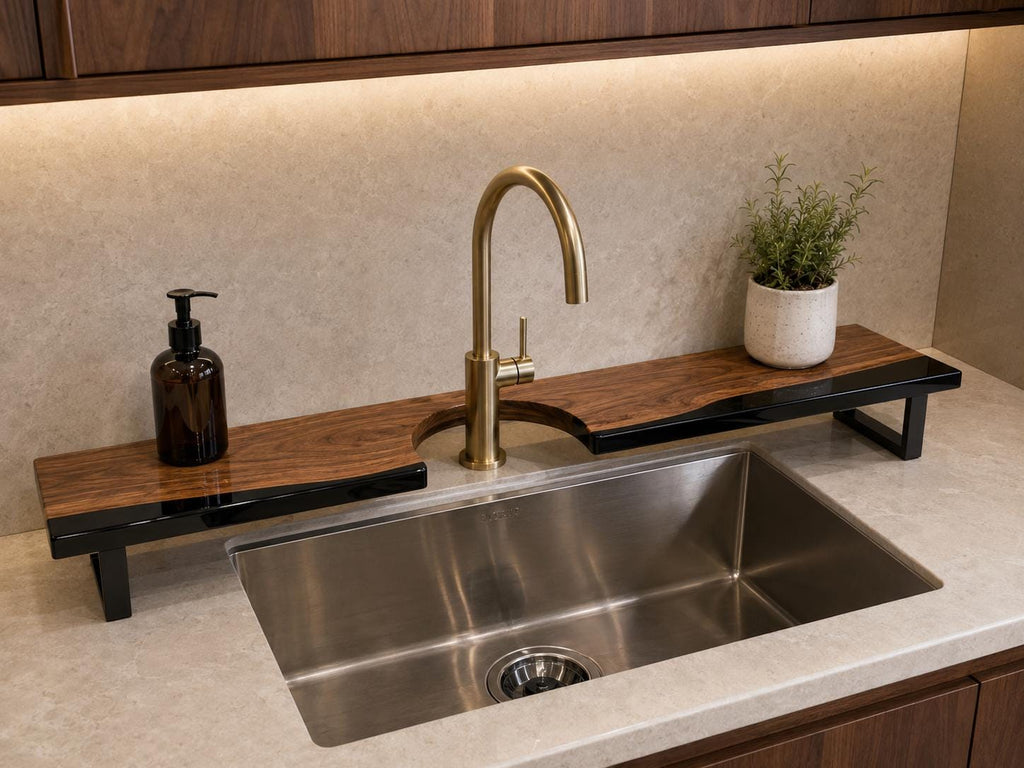 Walnut Epoxy Over Sink Shelf, Custom Faucet Cutout Bathroom Countertop Riser with Legs