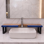 Walnut Epoxy Over Sink Shelf, Custom Faucet Cutout Bathroom Countertop Riser with Legs