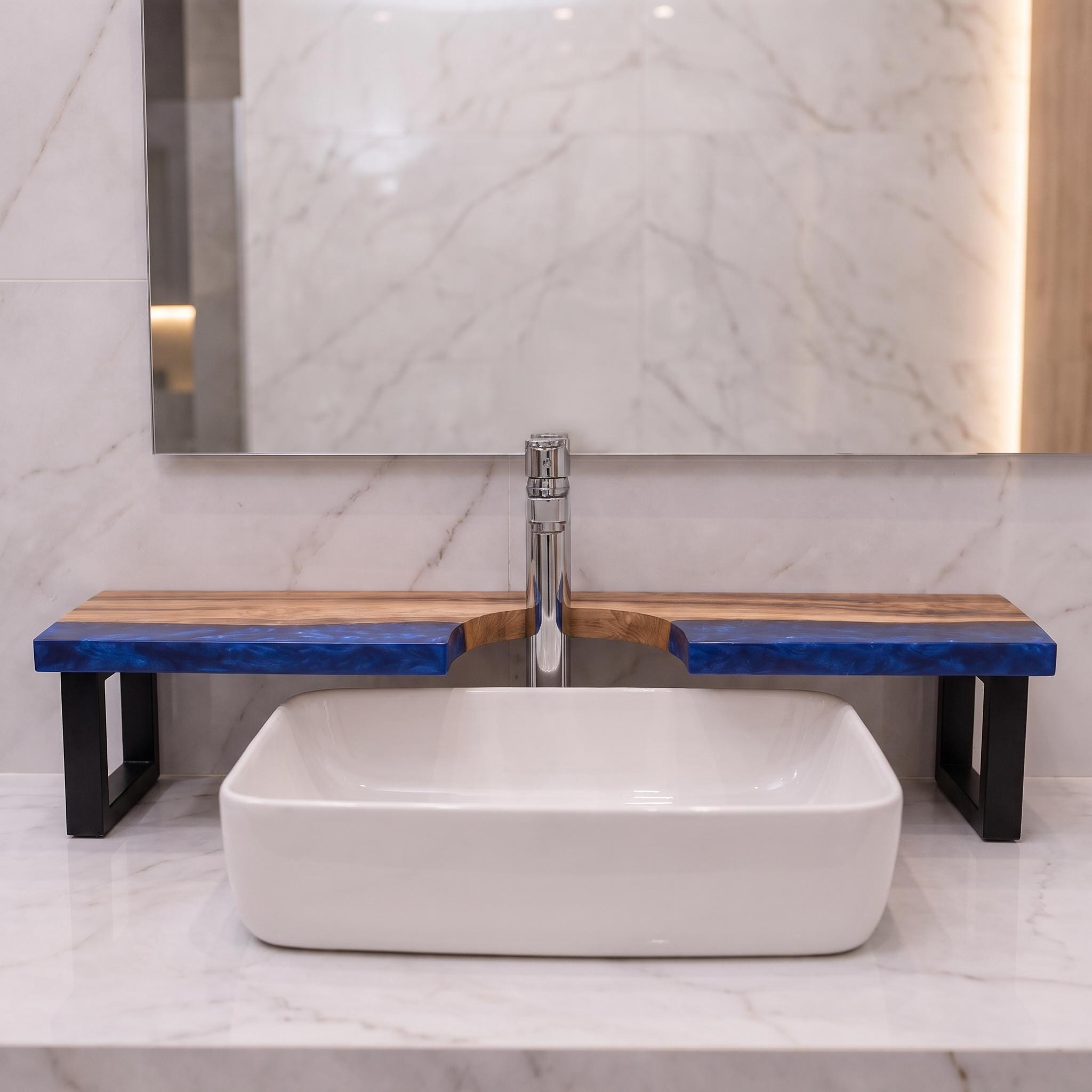 Walnut Epoxy Over Sink Shelf, Custom Faucet Cutout Bathroom Countertop Riser with Legs