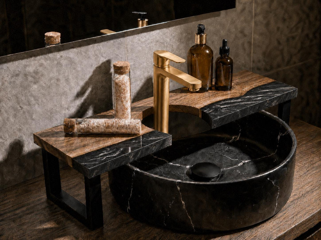 Walnut Epoxy Over Sink Shelf, Custom Faucet Cutout Bathroom Countertop Riser with Legs