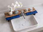Walnut Epoxy Over Sink Shelf, Custom Faucet Cutout Bathroom Countertop Riser with Legs
