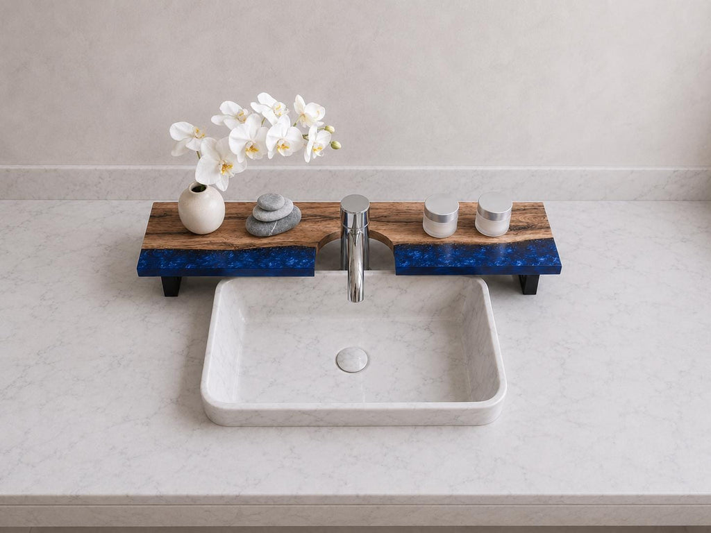 Walnut Epoxy Over Sink Shelf, Custom Faucet Cutout Bathroom Countertop Riser with Legs