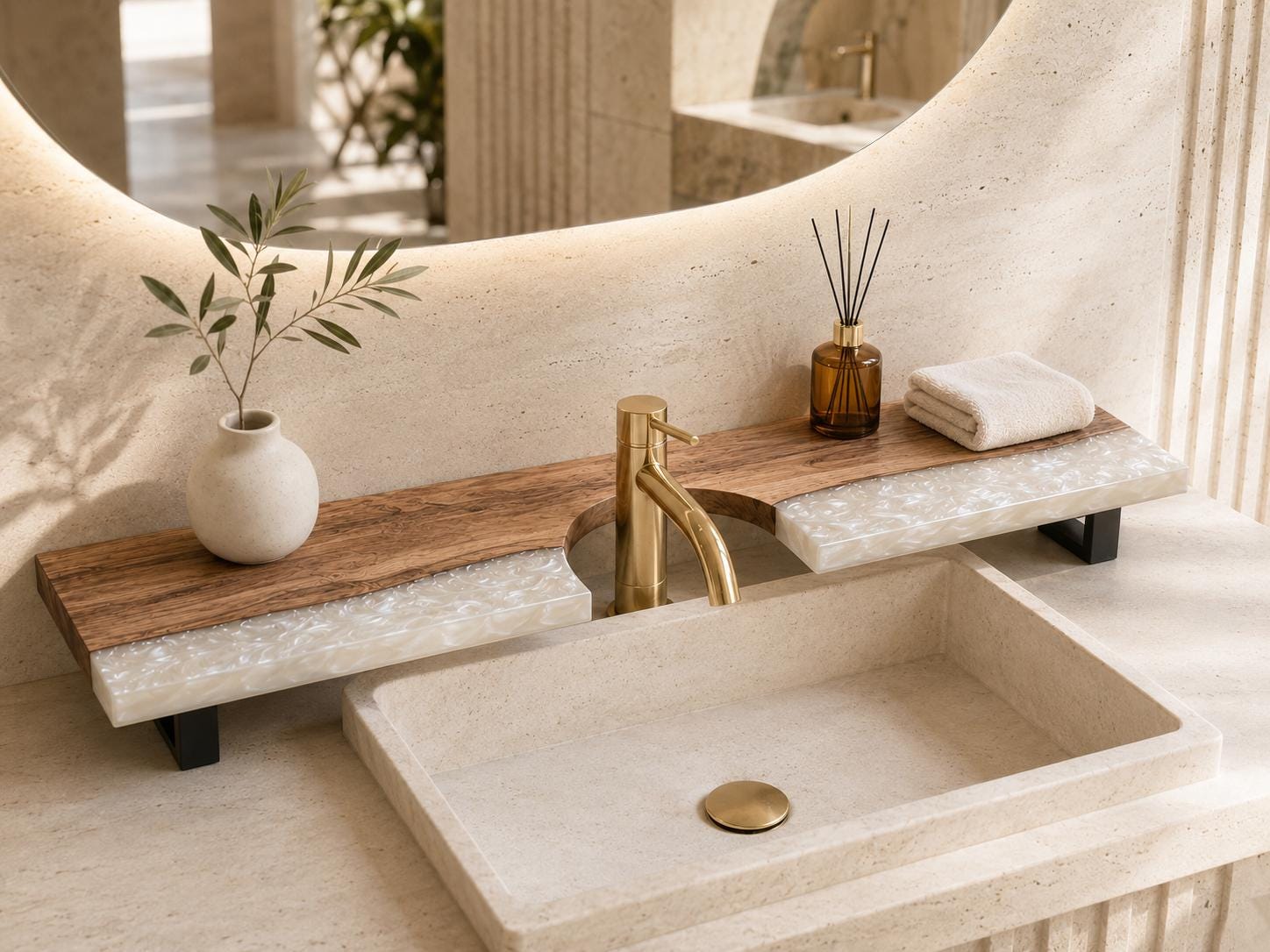 Walnut Epoxy Over Sink Shelf, Custom Faucet Cutout Bathroom Countertop Riser with Legs