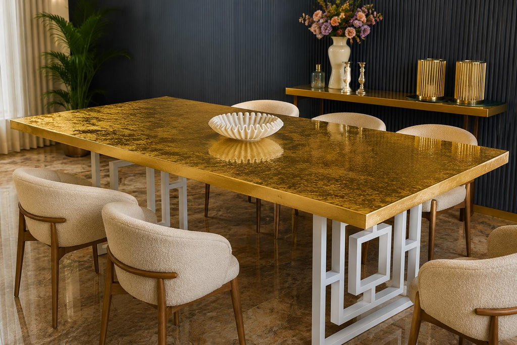 Custom 24K Gold Leaf Epoxy Dining Table, Luxury Resin Statement Furniture