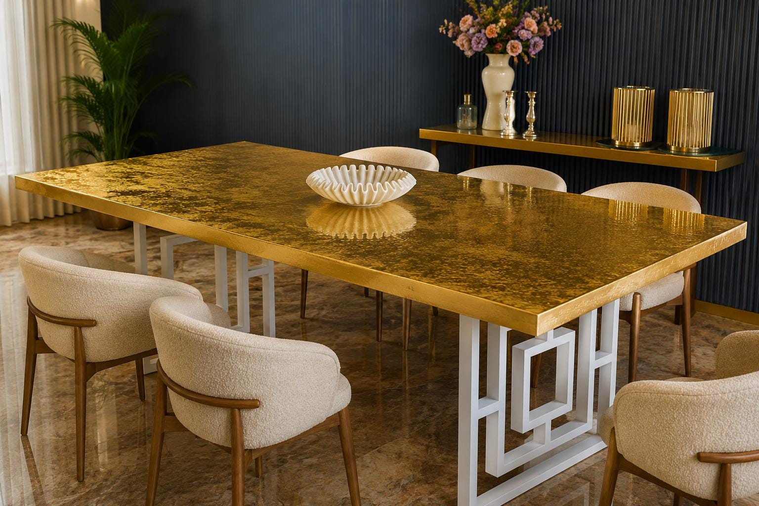Custom 24K Gold Leaf Epoxy Dining Table, Luxury Resin Statement Furniture