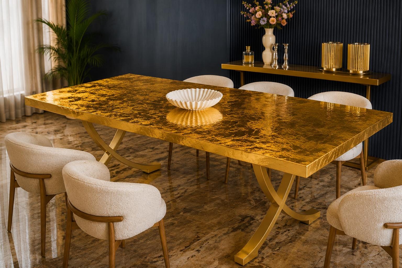 Custom 24K Gold Leaf Epoxy Dining Table, Luxury Resin Statement Furniture
