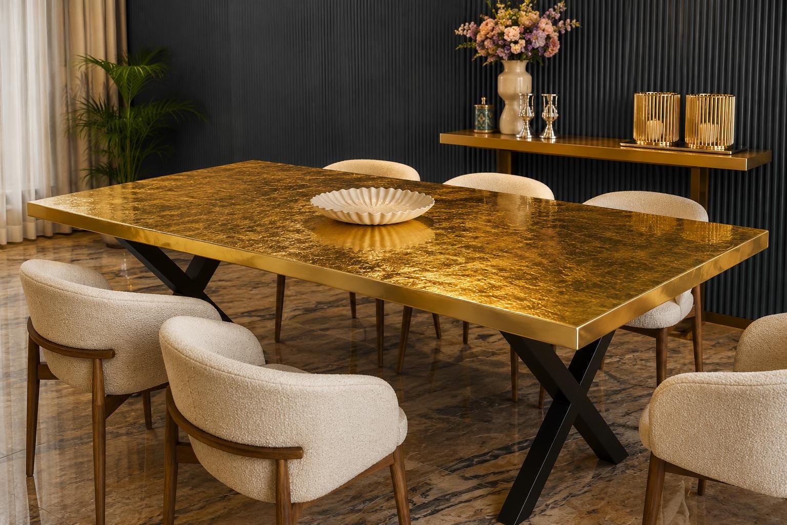 Custom 24K Gold Leaf Epoxy Dining Table, Luxury Resin Statement Furniture