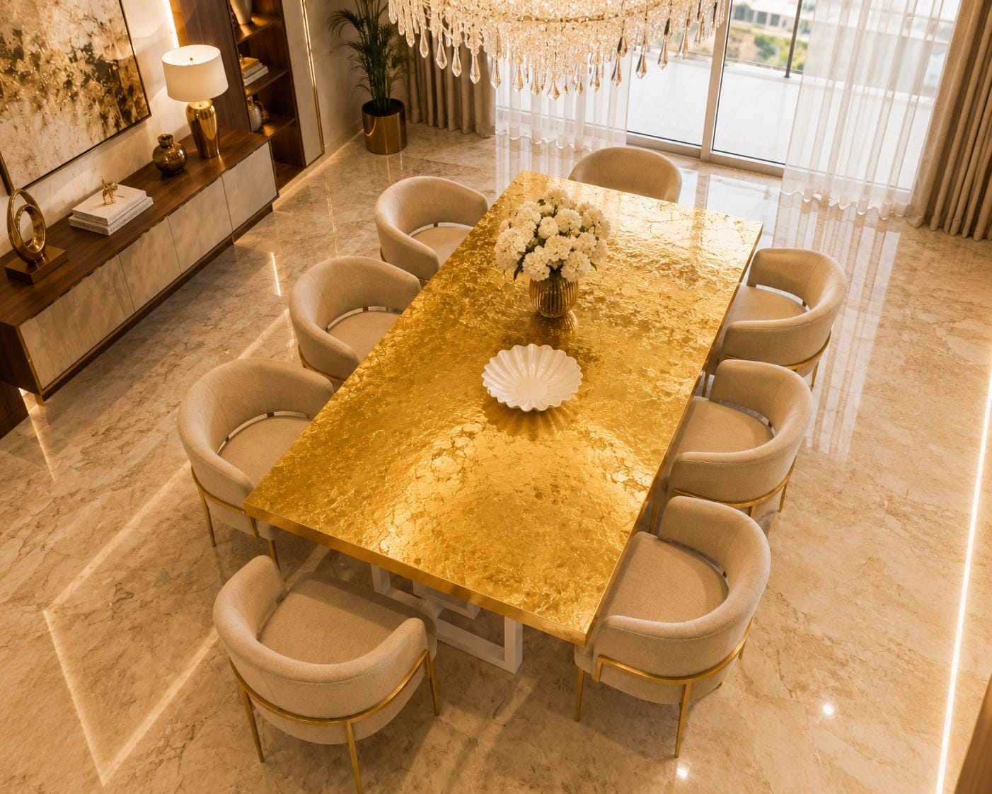 Custom 24K Gold Leaf Epoxy Dining Table, Luxury Resin Statement Furniture