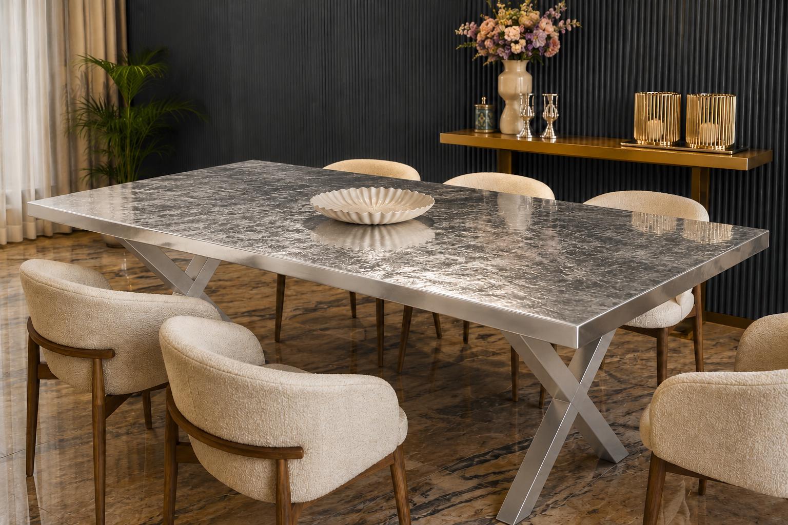 Tavolo da pranzo artigianale in resina epossidica con foglia d'argento, mobile di lusso di design, protezione superficiale di 10 anni