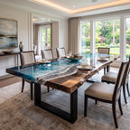 Dark Ocean Epoxy Dining Table, Walnut Resin Coffee Table, Coastal Furniture
