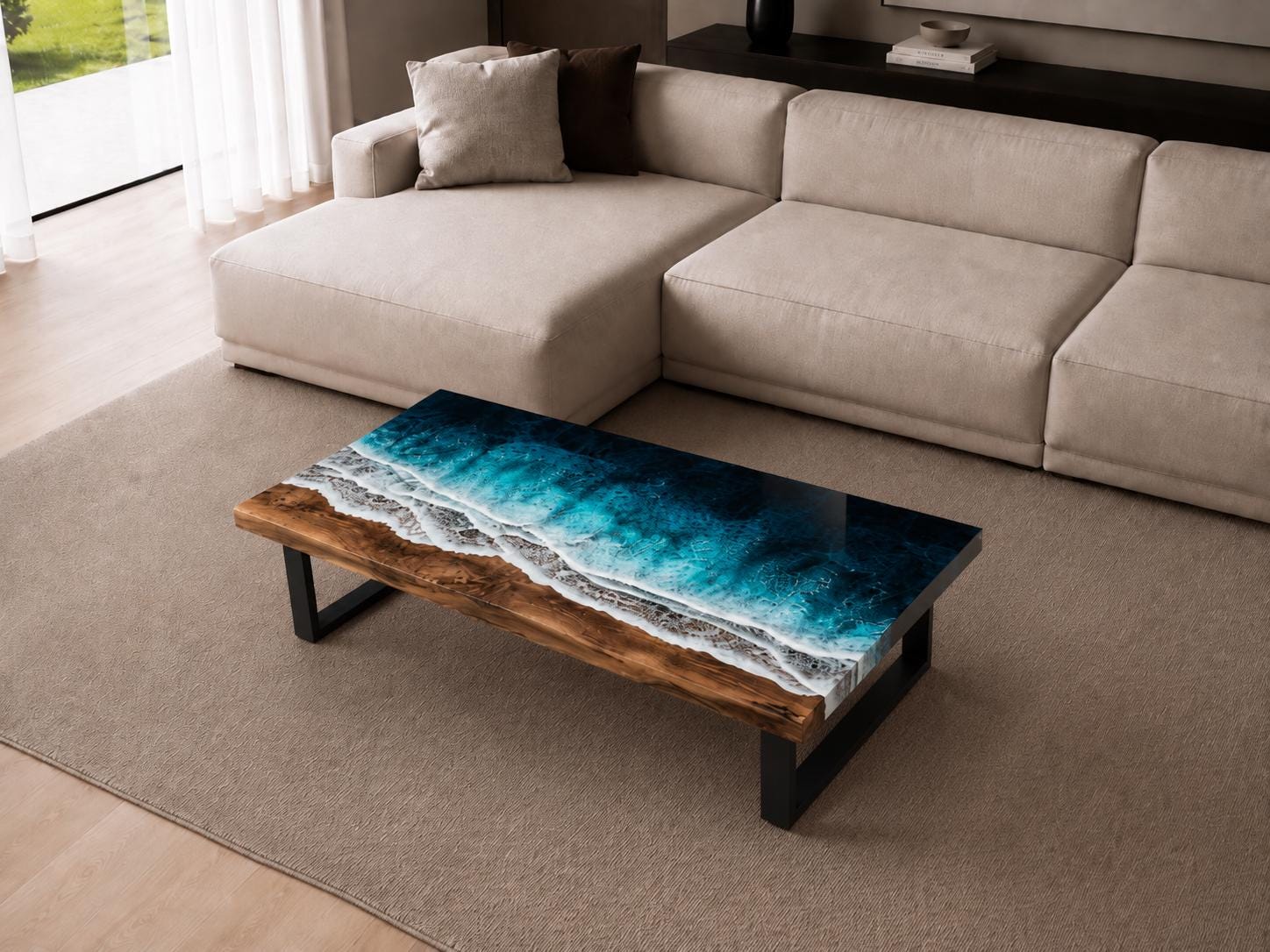 Dark Ocean Epoxy Dining Table, Walnut Resin Coffee Table, Coastal Furniture