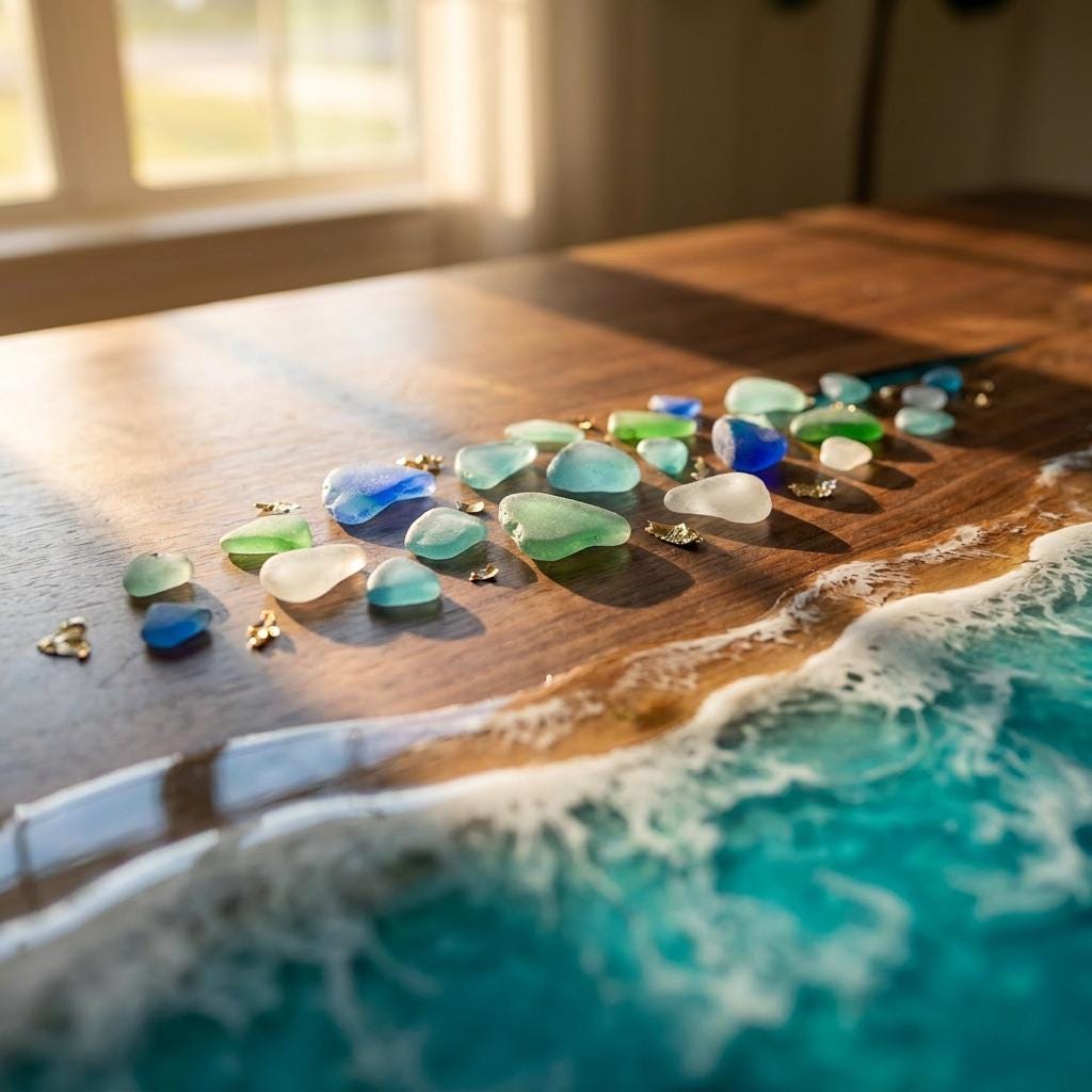 Bright Ocean Epoxy Table, Walnut Coffee or Dining Table, Coastal Furniture