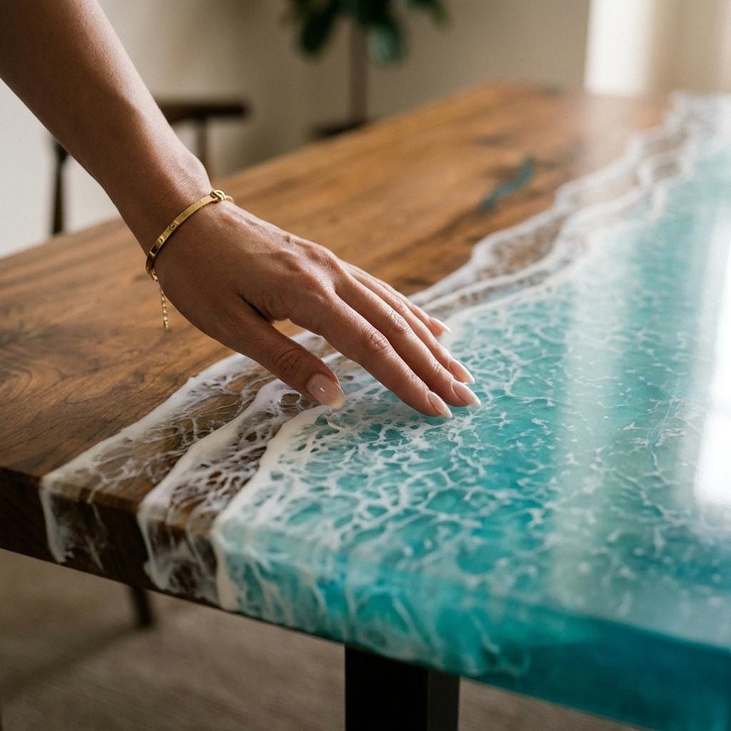 Bright Ocean Epoxy Table, Walnut Coffee or Dining Table, Coastal Furniture