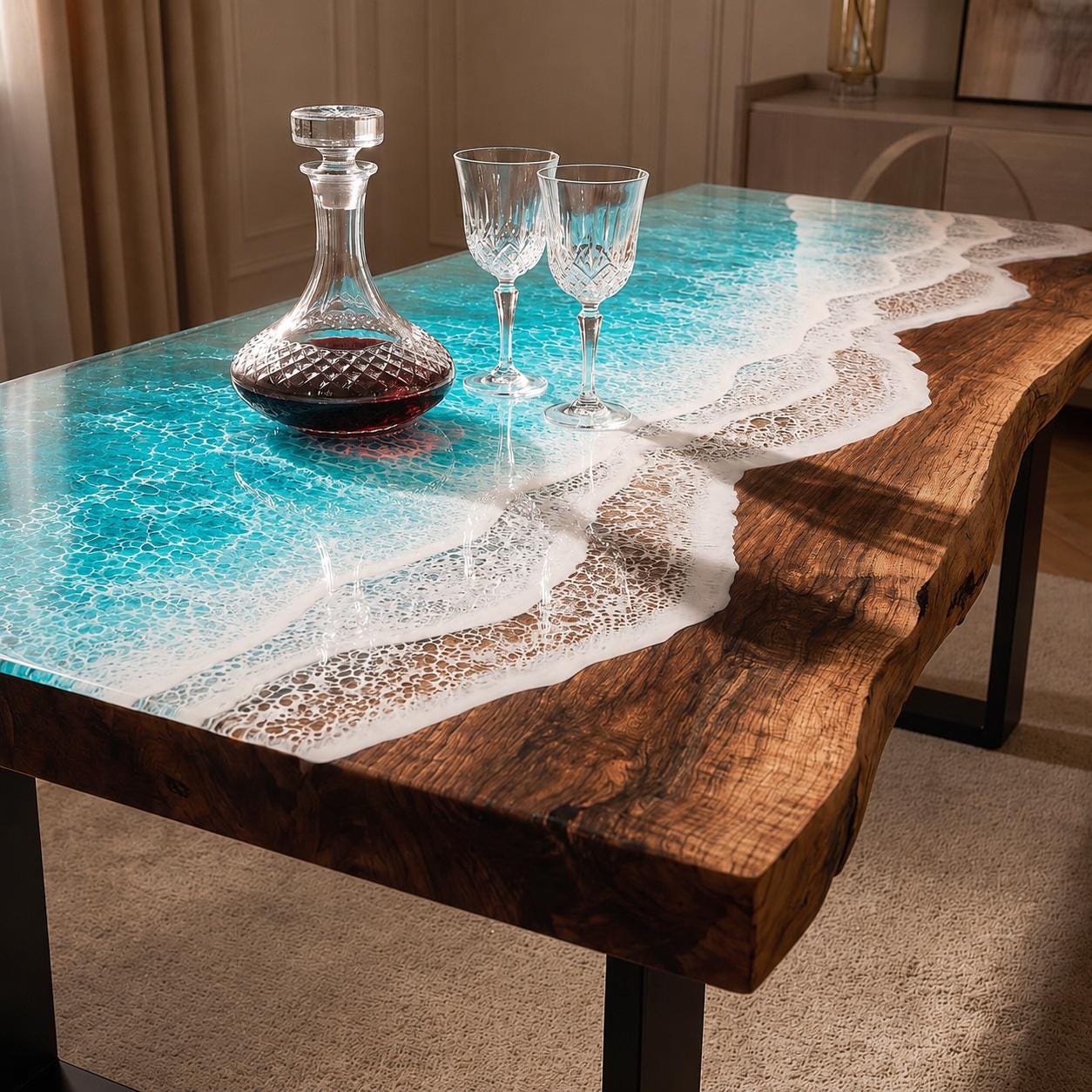 Bright Ocean Epoxy Table, Walnut Coffee or Dining Table, Coastal Furniture