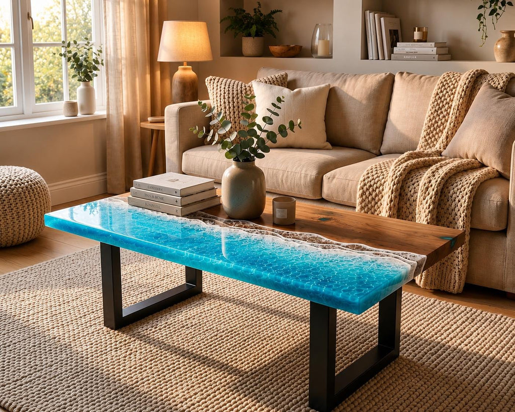 Bright Ocean Epoxy Table, Walnut Coffee or Dining Table, Coastal Furniture