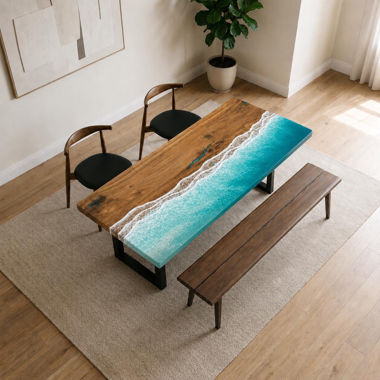 Bright Ocean Epoxy Table, Walnut Coffee or Dining Table, Coastal Furniture