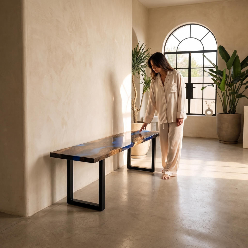 Custom Walnut Live Edge Epoxy Bench, Resin Furniture for Dining Entryways