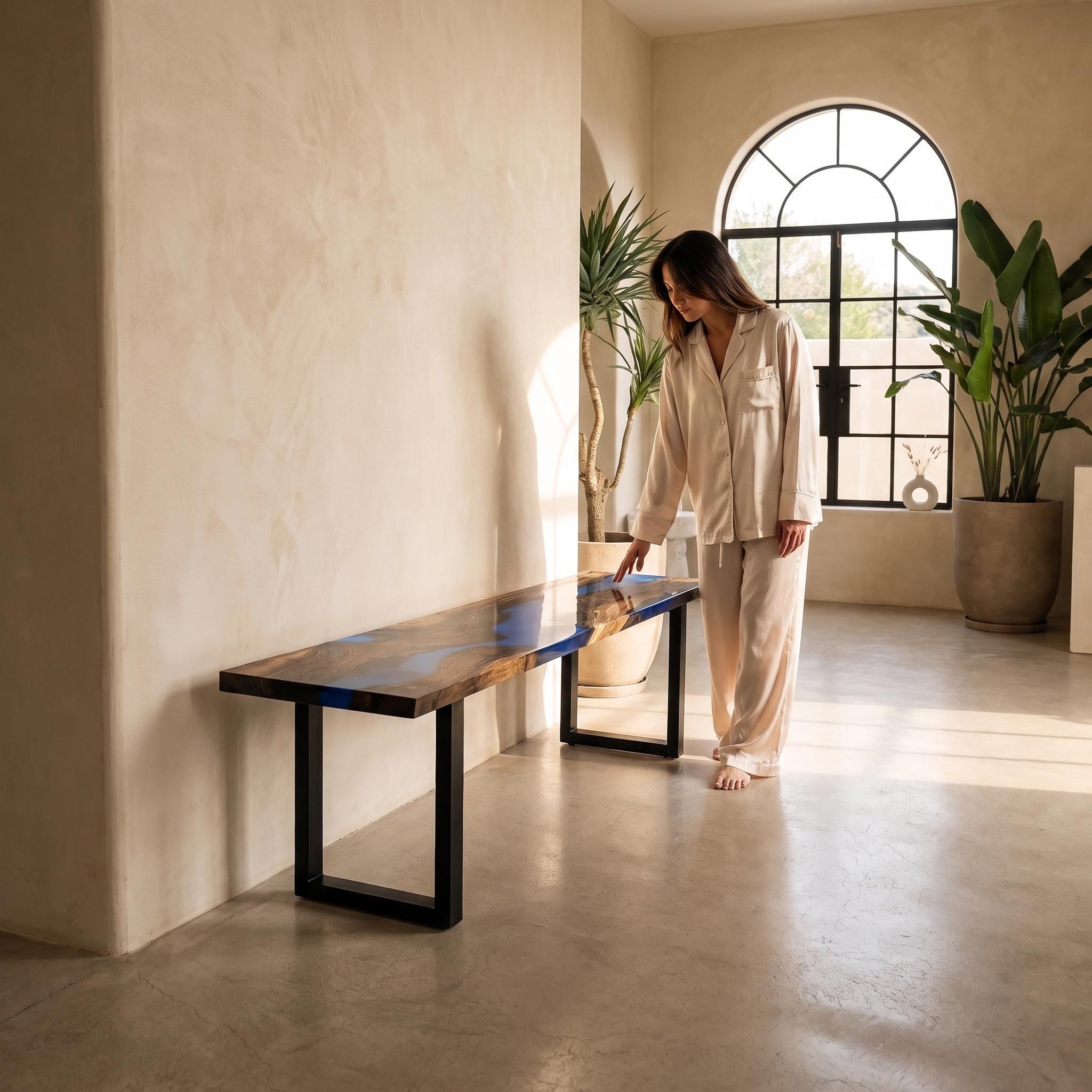 Custom Walnut Live Edge Epoxy Bench, Resin Furniture for Dining Entryways