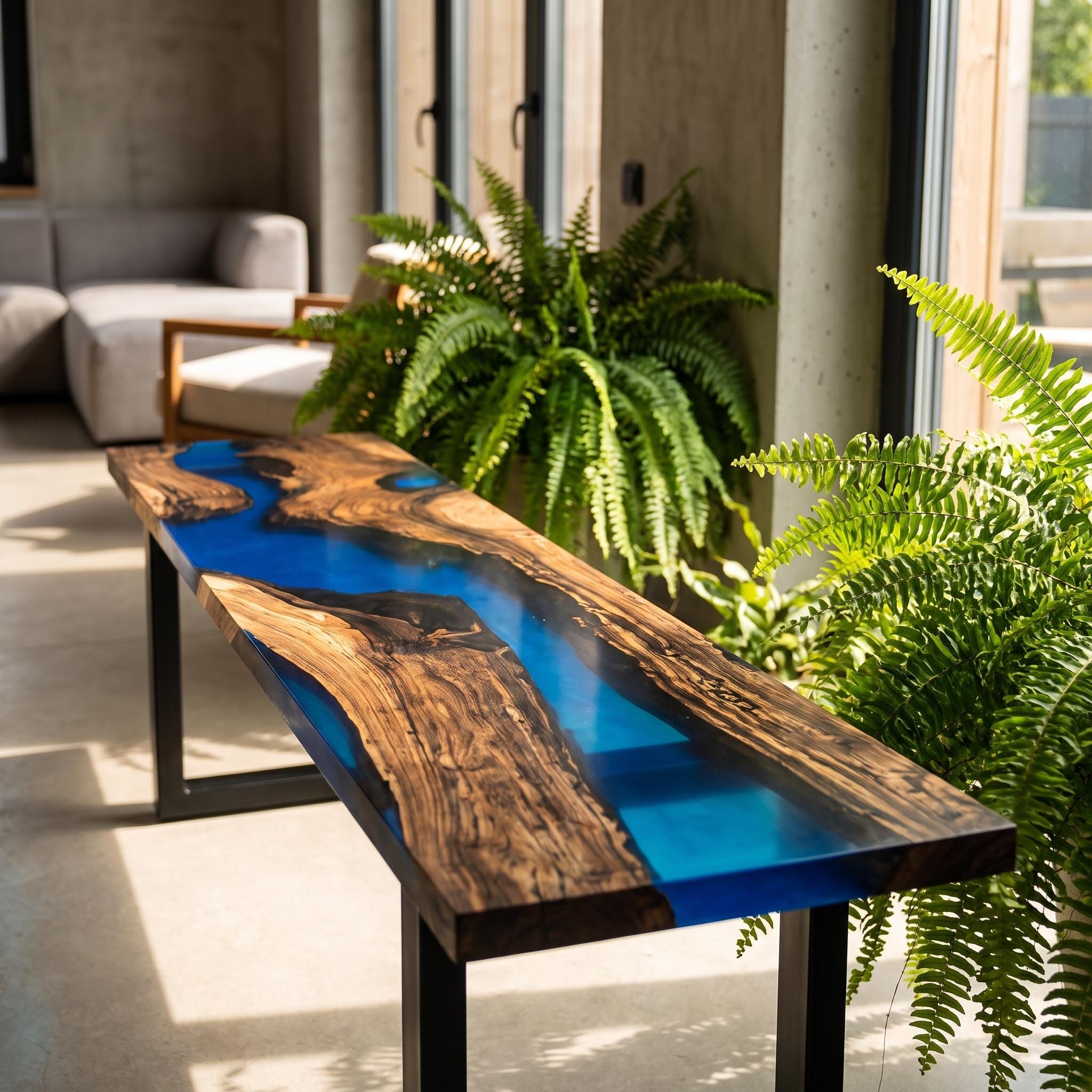 Custom Walnut Live Edge Epoxy Bench, Resin Furniture for Dining Entryways