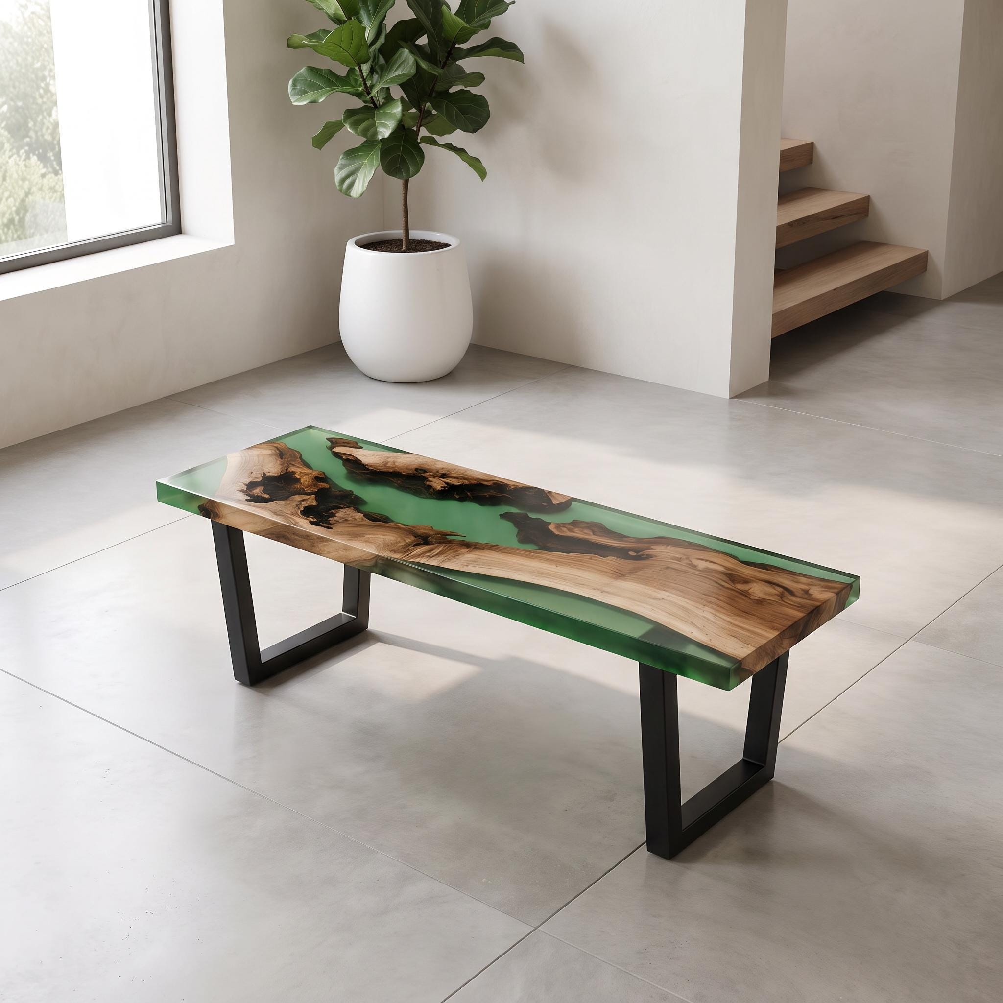 Custom Walnut Live Edge Epoxy Bench, Resin Furniture for Dining Entryways