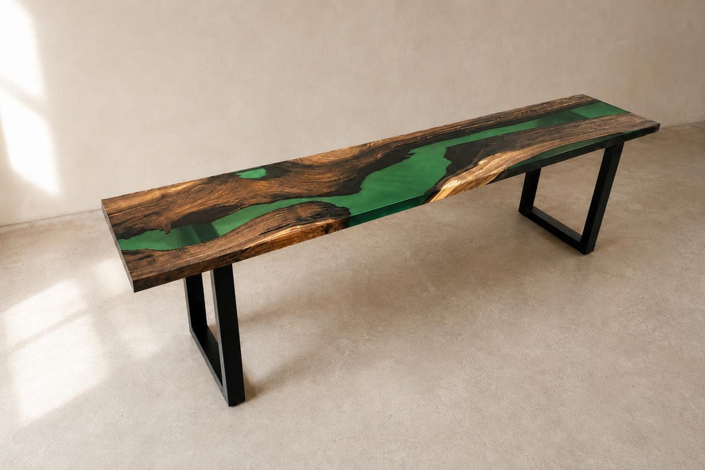 Custom Walnut Live Edge Epoxy Bench, Resin Furniture for Dining Entryways