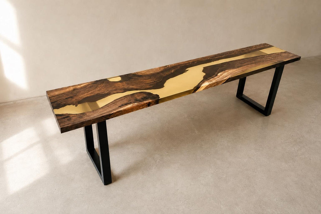Custom Walnut Live Edge Epoxy Bench, Resin Furniture for Dining Entryways