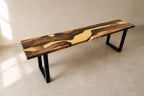 Custom Walnut Live Edge Epoxy Bench, Resin Furniture for Dining Entryways