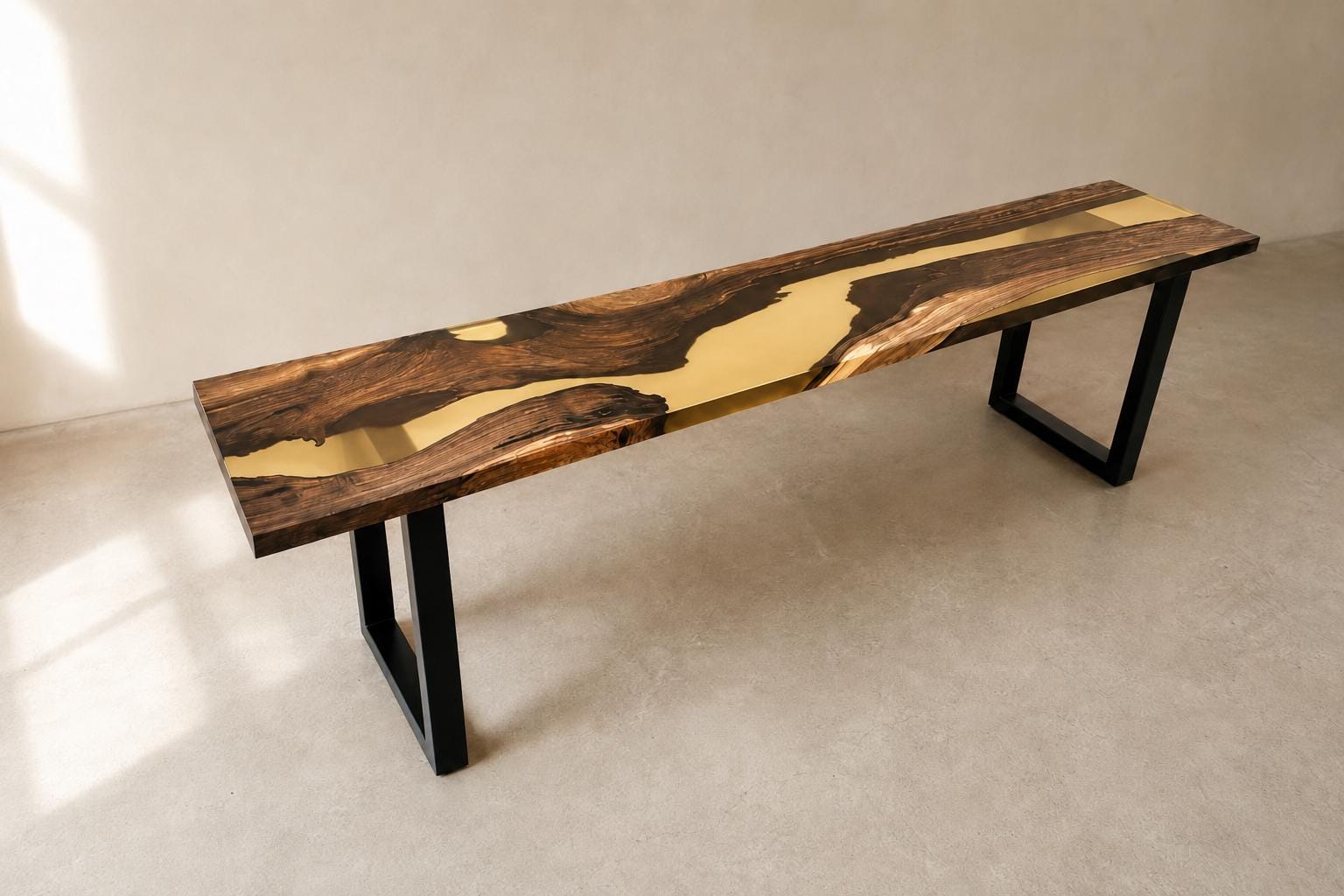 Custom Walnut Live Edge Epoxy Bench, Resin Furniture for Dining Entryways