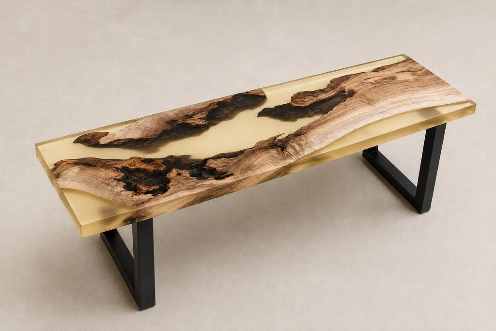 Custom Walnut Live Edge Epoxy Bench, Resin Furniture for Dining Entryways