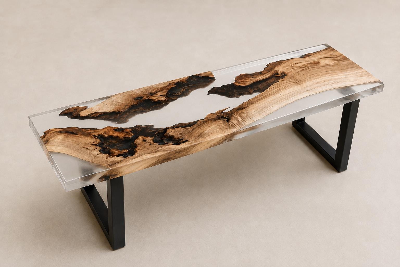 Custom Walnut Live Edge Epoxy Bench, Resin Furniture for Dining Entryways